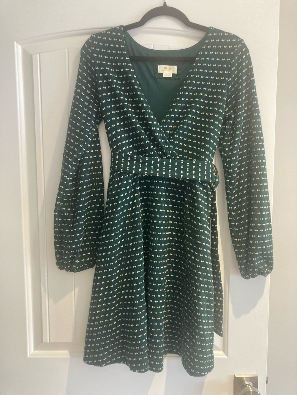 Anthropologie Maeve Green Faux Wrap Long Sleeve Belted Dress